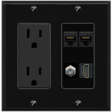 RiteAV 2 CAT6 COAX HDMI Wall Plate with 15A Power Outlet [Black]