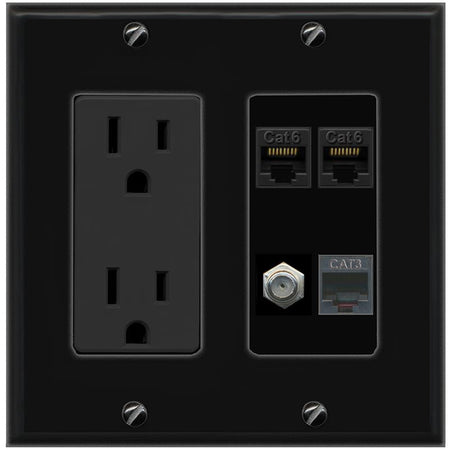 RiteAV 2 CAT6 COAX PHONE Wall Plate with 15A Power Outlet [Black]