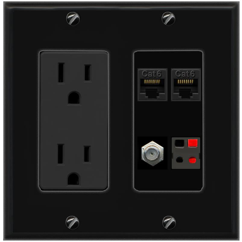 RiteAV 2 CAT6 COAX SPEAKER Wall Plate with 15A Power Outlet [Black]