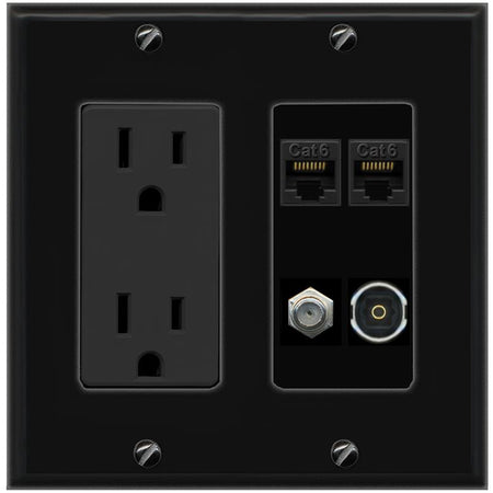 RiteAV 2 CAT6 COAX TOSLINK Wall Plate with 15A Power Outlet [Black]