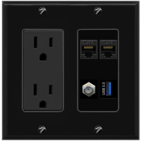 RiteAV 2 CAT6 COAX USB-3 Wall Plate with 15A Power Outlet [Black]
