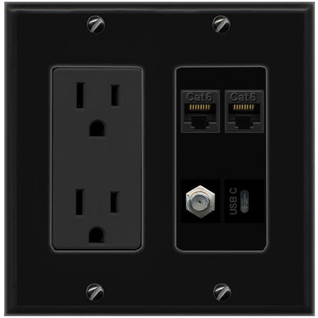 RiteAV 2 CAT6 COAX USBC Wall Plate with 15A Power Outlet [Black]