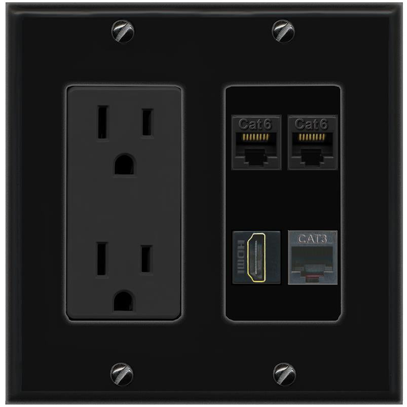 RiteAV 2 CAT6 HDMI PHONE Wall Plate with 15A Power Outlet [Black]