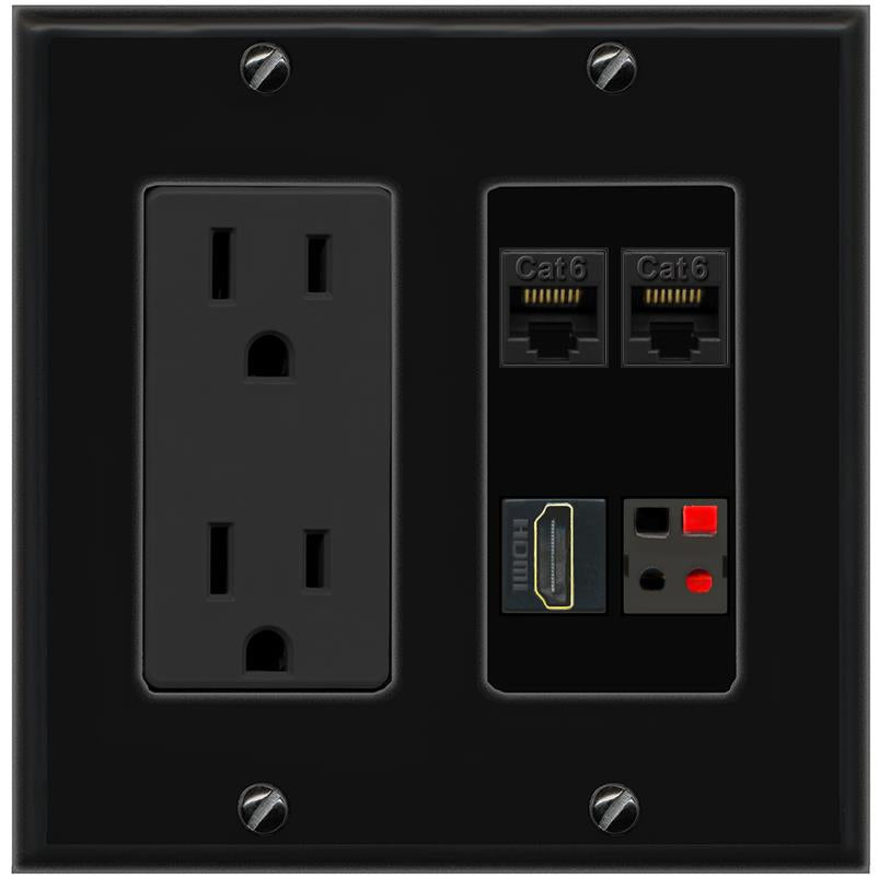 RiteAV 2 CAT6 HDMI SPEAKER Wall Plate with 15A Power Outlet [Black]