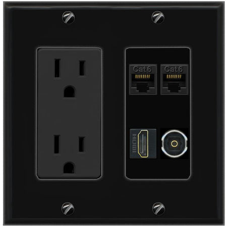 RiteAV 2 CAT6 HDMI TOSLINK Wall Plate with 15A Power Outlet [Black]