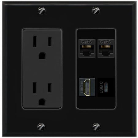 RiteAV 2 CAT6 HDMI USBC Wall Plate with 15A Power Outlet [Black]