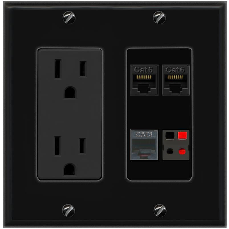 RiteAV 2 CAT6 PHONE SPEAKER Wall Plate with 15A Power Outlet [Black]