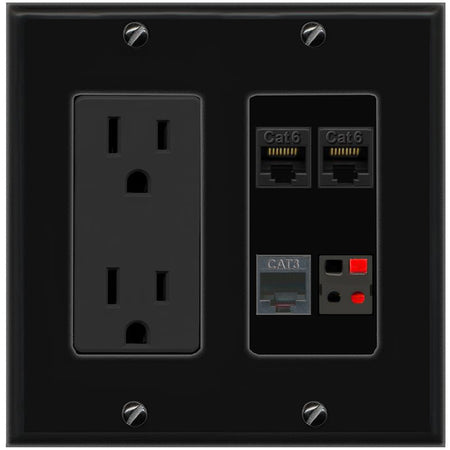 RiteAV 2 CAT6 PHONE SPEAKER Wall Plate with 15A Power Outlet [Black]