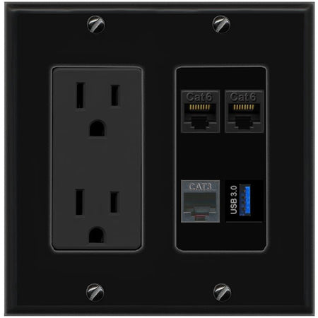 RiteAV 2 CAT6 PHONE USB-3 Wall Plate with 15A Power Outlet [Black]