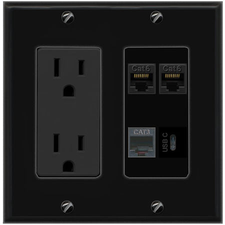 RiteAV 2 CAT6 PHONE USBC Wall Plate with 15A Power Outlet [Black]
