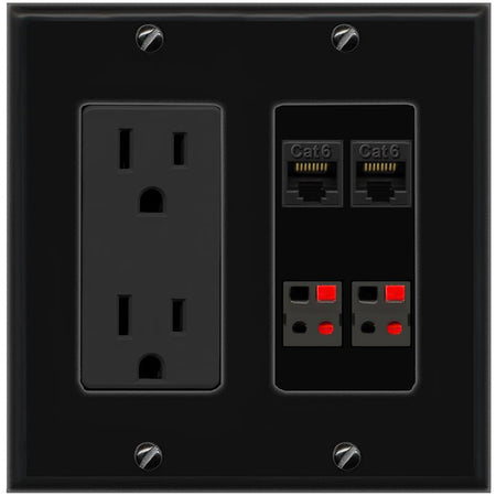 RiteAV 2 CAT6 2 SPEAKER Wall Plate with 15A Power Outlet [Black]