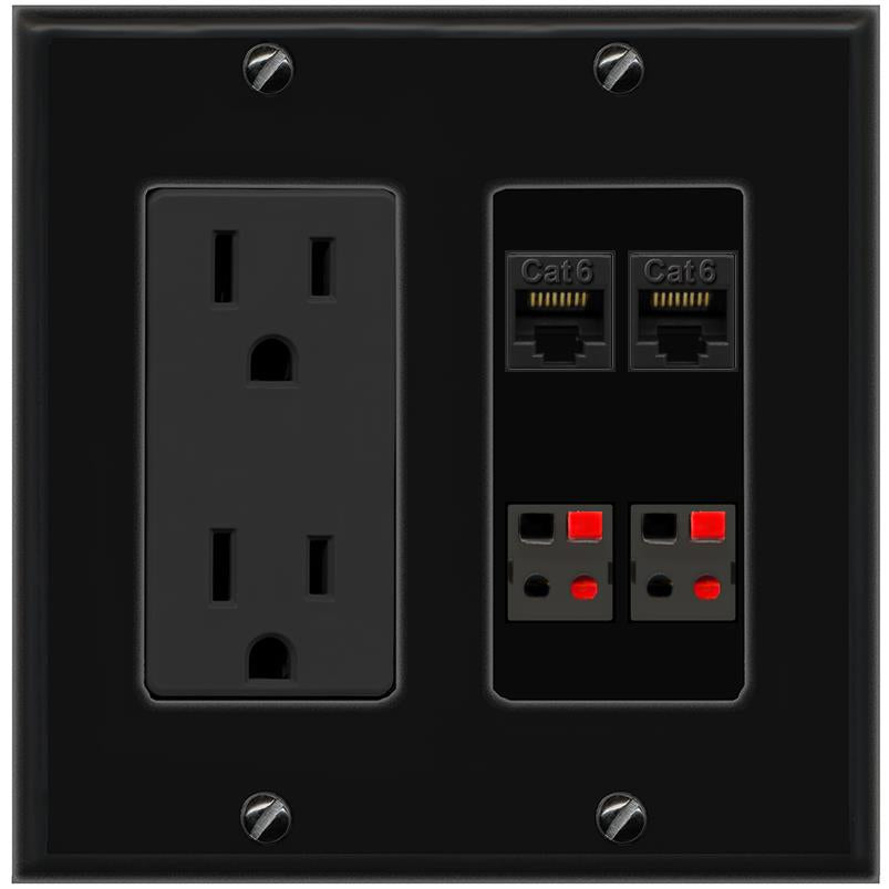 RiteAV 2 CAT6 2 SPEAKER Wall Plate with 15A Power Outlet [Black]