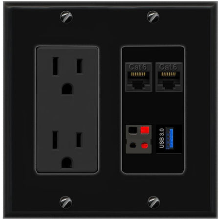RiteAV 2 CAT6 SPEAKER USB-3 Wall Plate with 15A Power Outlet [Black]