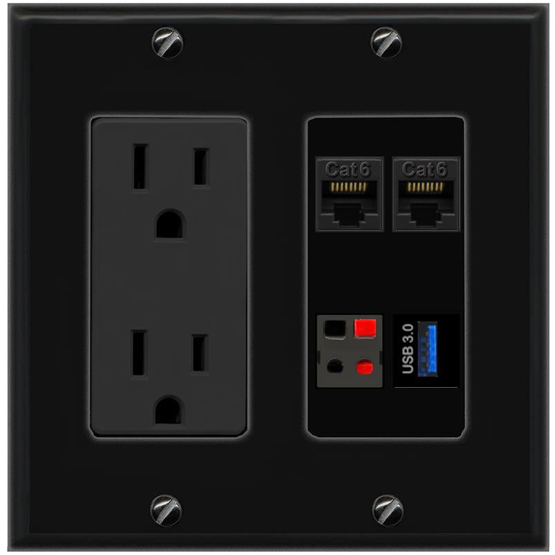 RiteAV 2 CAT6 SPEAKER USB-3 Wall Plate with 15A Power Outlet [Black]