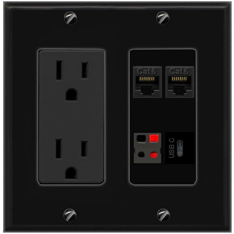 RiteAV 2 CAT6 SPEAKER USBC Wall Plate with 15A Power Outlet [Black]