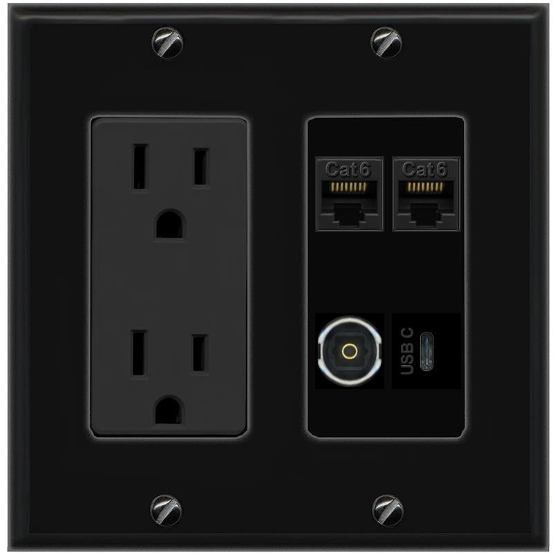 RiteAV 2 CAT6 TOSLINK USBC Wall Plate with 15A Power Outlet [Black]