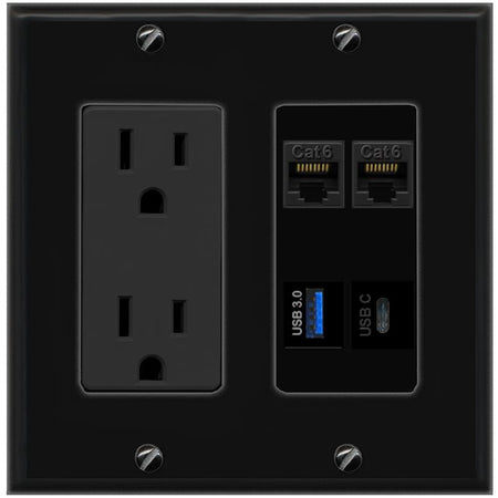 RiteAV 2 CAT6 USB-3 USBC Wall Plate with 15A Power Outlet [Black]