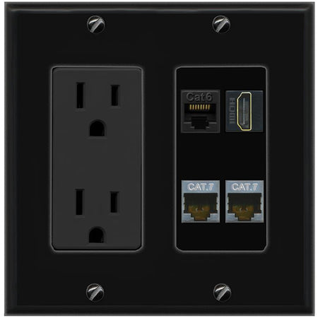 RiteAV CAT6 2 CAT7 HDMI Wall Plate with 15A Power Outlet [Black]