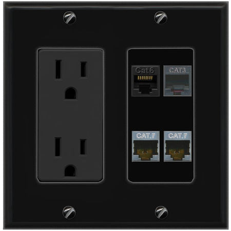 RiteAV CAT6 2 CAT7 PHONE Wall Plate with 15A Power Outlet [Black]