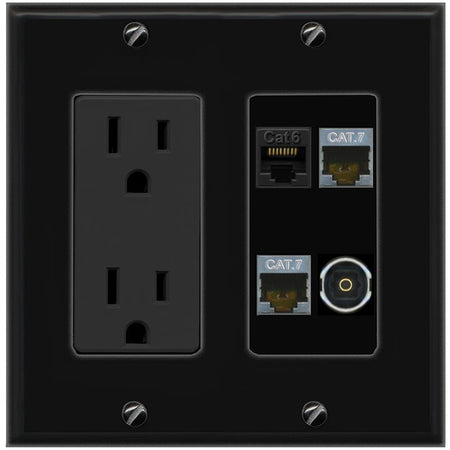 RiteAV CAT6 2 CAT7 TOSLINK Wall Plate with 15A Power Outlet [Black]