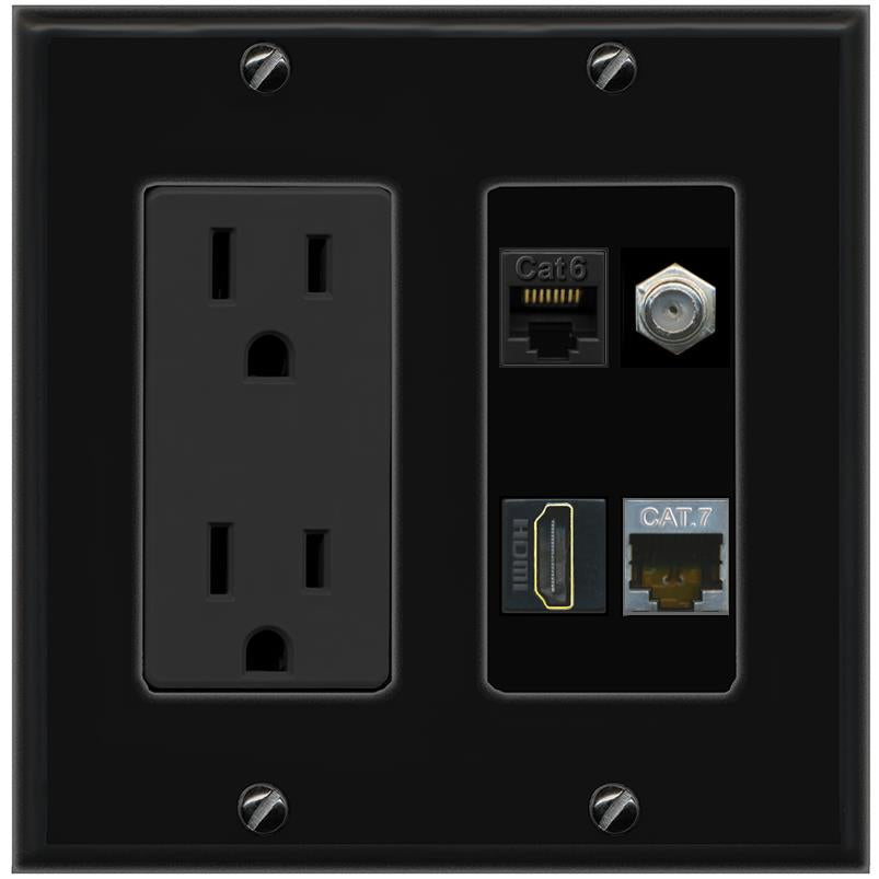 RiteAV CAT6 CAT7 COAX HDMI Wall Plate with 15A Power Outlet [Black]