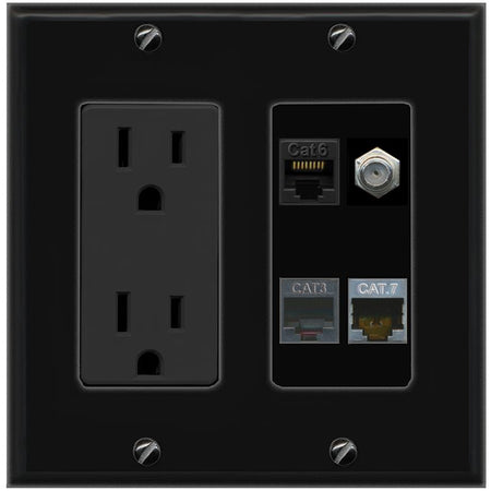 RiteAV CAT6 CAT7 COAX PHONE Wall Plate with 15A Power Outlet [Black]