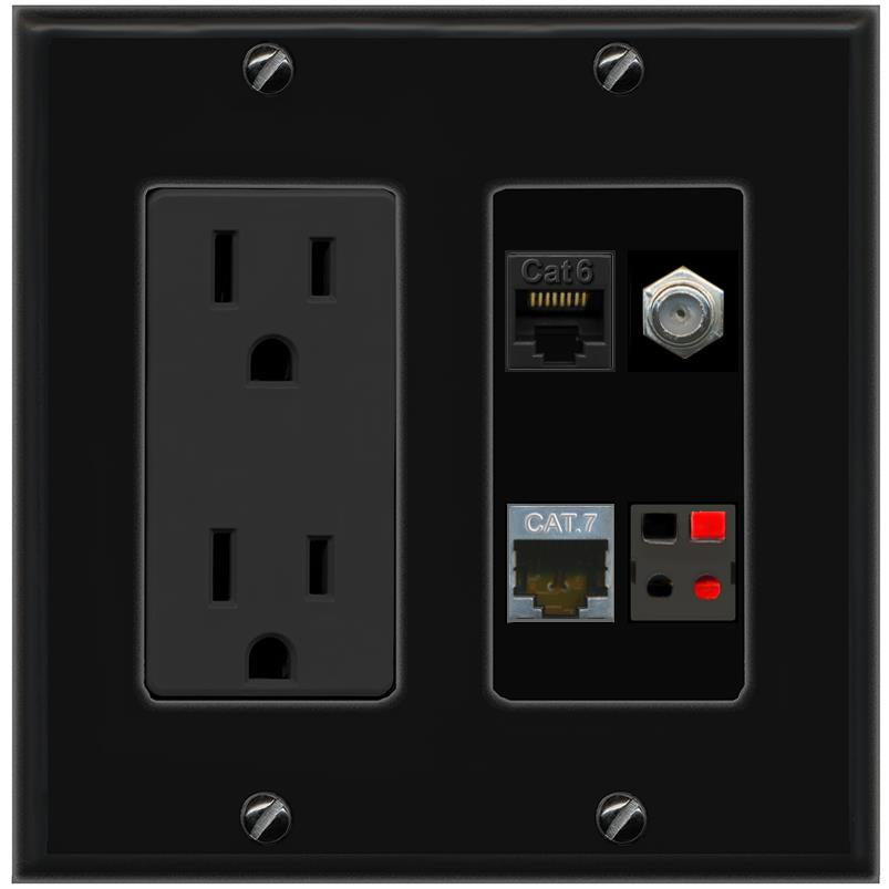 RiteAV CAT6 CAT7 COAX SPEAKER Wall Plate with 15A Power Outlet [Black]
