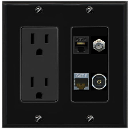 RiteAV CAT6 CAT7 COAX TOSLINK Wall Plate with 15A Power Outlet [Black]