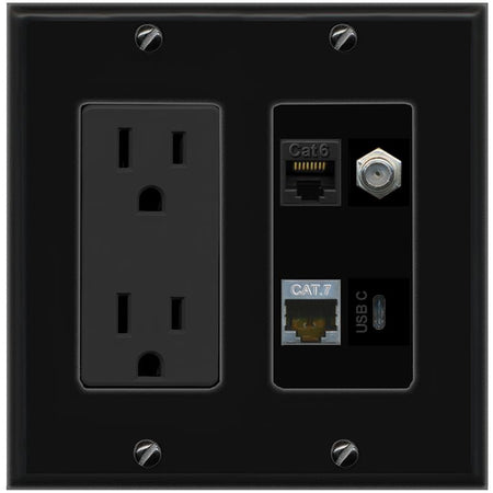 RiteAV CAT6 CAT7 COAX USBC Wall Plate with 15A Power Outlet [Black]