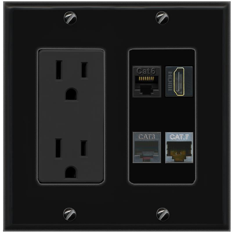 RiteAV CAT6 CAT7 HDMI PHONE Wall Plate with 15A Power Outlet [Black]