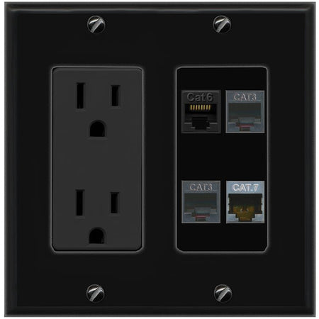 RiteAV CAT6 CAT7 2 PHONE Wall Plate with 15A Power Outlet [Black]