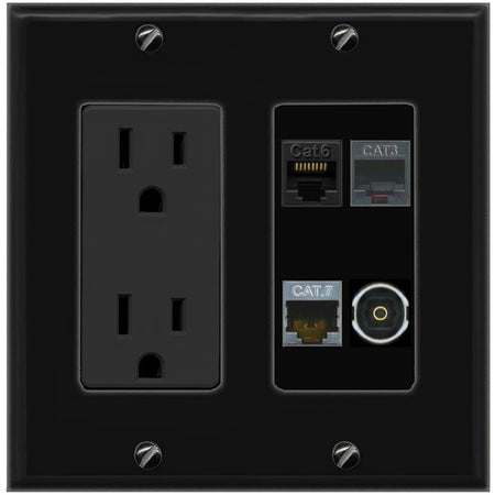RiteAV CAT6 CAT7 PHONE TOSLINK Wall Plate with 15A Power Outlet [Black]