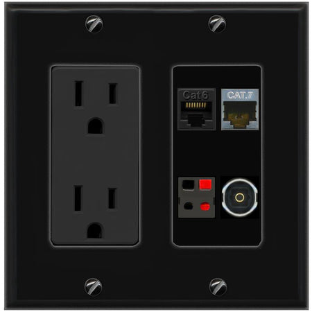 RiteAV CAT6 CAT7 SPEAKER TOSLINK Wall Plate with 15A Power Outlet [Black]