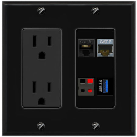 RiteAV CAT6 CAT7 SPEAKER USB-3 Wall Plate with 15A Power Outlet [Black]