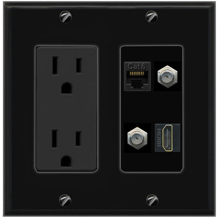 RiteAV CAT6 2 COAX HDMI Wall Plate with 15A Power Outlet [Black]