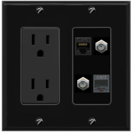 RiteAV CAT6 2 COAX PHONE Wall Plate with 15A Power Outlet [Black]