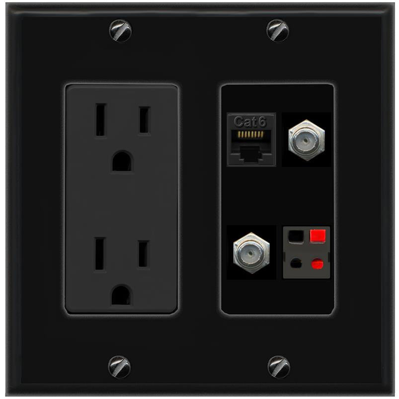RiteAV CAT6 2 COAX SPEAKER Wall Plate with 15A Power Outlet [Black]