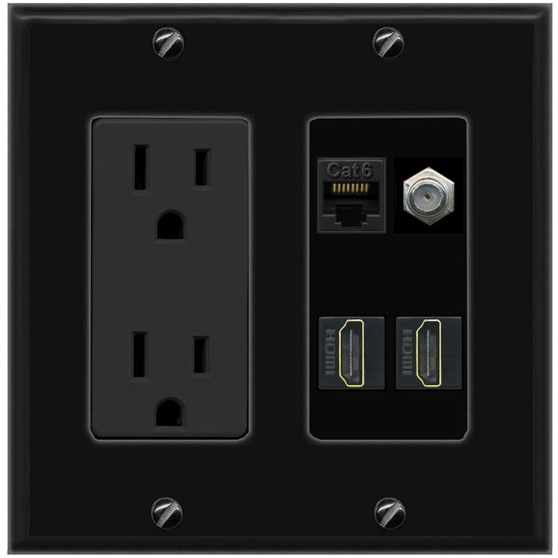 RiteAV CAT6 COAX 2 HDMI Wall Plate with 15A Power Outlet [Black]