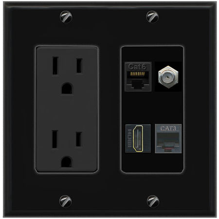 RiteAV CAT6 COAX HDMI PHONE Wall Plate with 15A Power Outlet [Black]