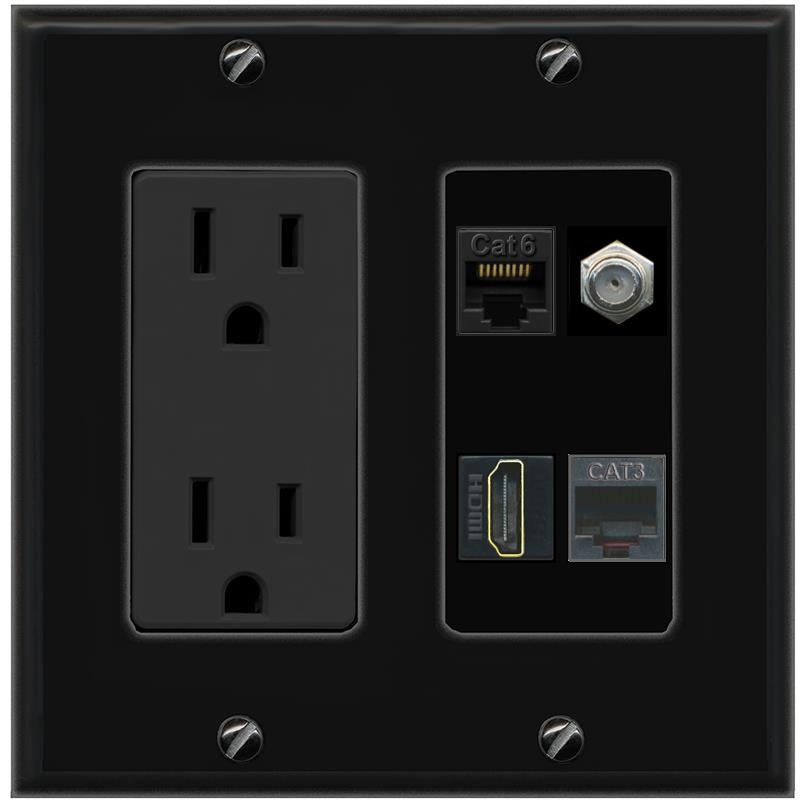 RiteAV CAT6 COAX HDMI PHONE Wall Plate with 15A Power Outlet [Black]