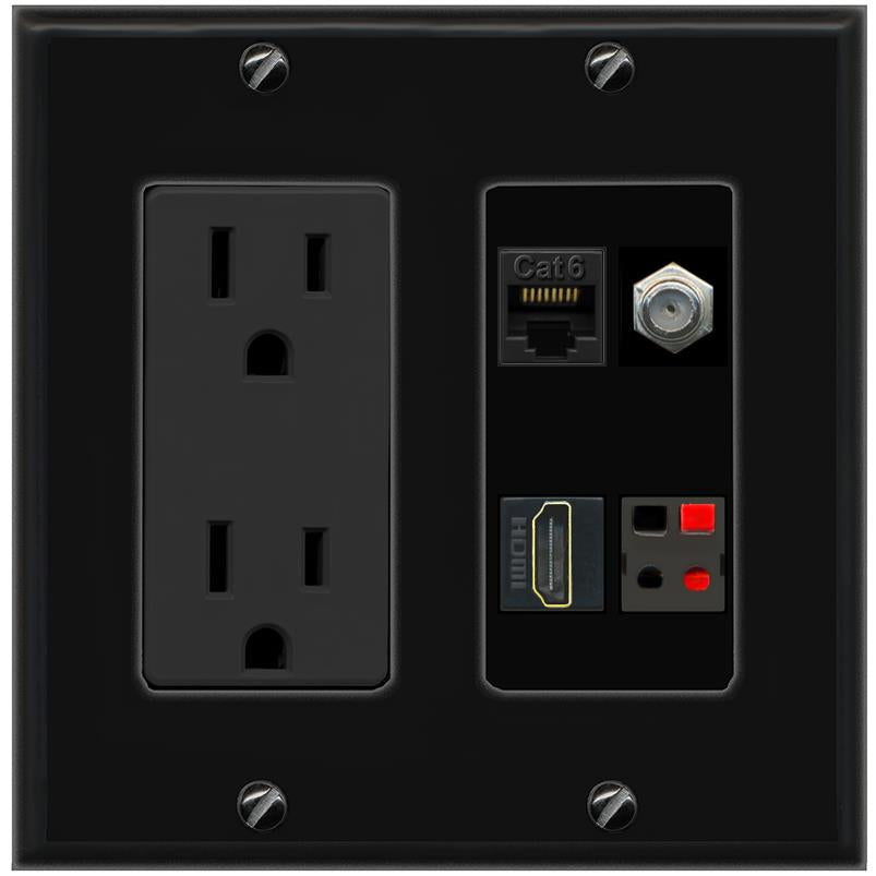 RiteAV CAT6 COAX HDMI SPEAKER Wall Plate with 15A Power Outlet [Black]