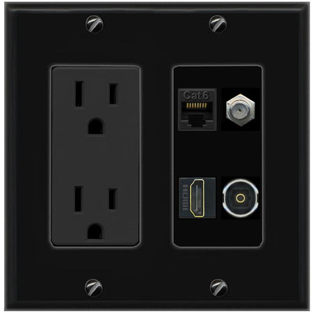 RiteAV CAT6 COAX HDMI TOSLINK Wall Plate with 15A Power Outlet [Black]