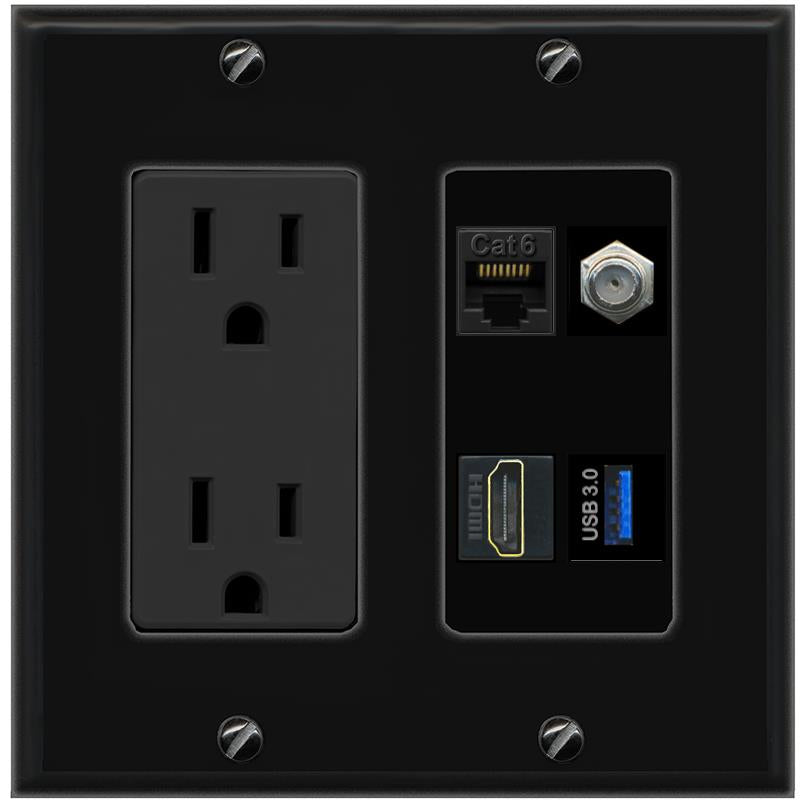 RiteAV CAT6 COAX HDMI USB-3 Wall Plate with 15A Power Outlet [Black]