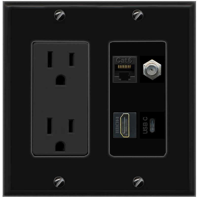 RiteAV CAT6 COAX HDMI USBC Wall Plate with 15A Power Outlet [Black]