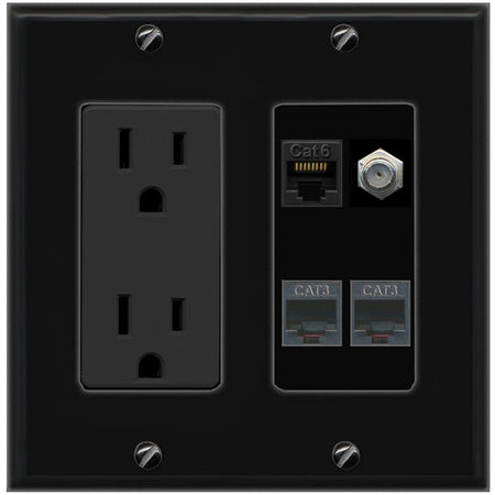 RiteAV CAT6 COAX 2 PHONE Wall Plate with 15A Power Outlet [Black]