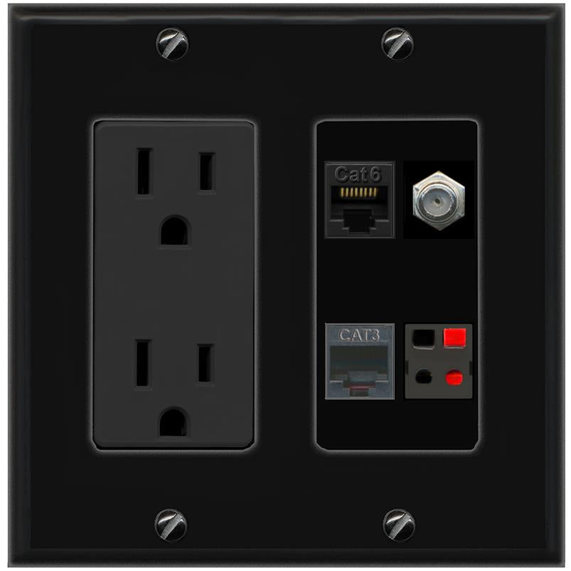 RiteAV CAT6 COAX PHONE SPEAKER Wall Plate with 15A Power Outlet [Black]