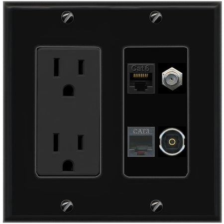 RiteAV CAT6 COAX PHONE TOSLINK Wall Plate with 15A Power Outlet [Black]