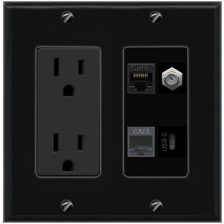 RiteAV CAT6 COAX PHONE USBC Wall Plate with 15A Power Outlet [Black]