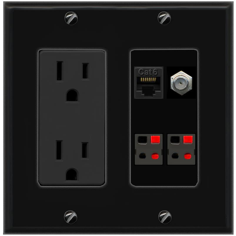 RiteAV CAT6 COAX 2 SPEAKER Wall Plate with 15A Power Outlet [Black]