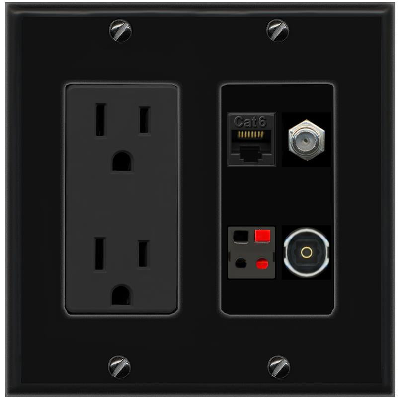 RiteAV CAT6 COAX SPEAKER TOSLINK Wall Plate with 15A Power Outlet [Black]